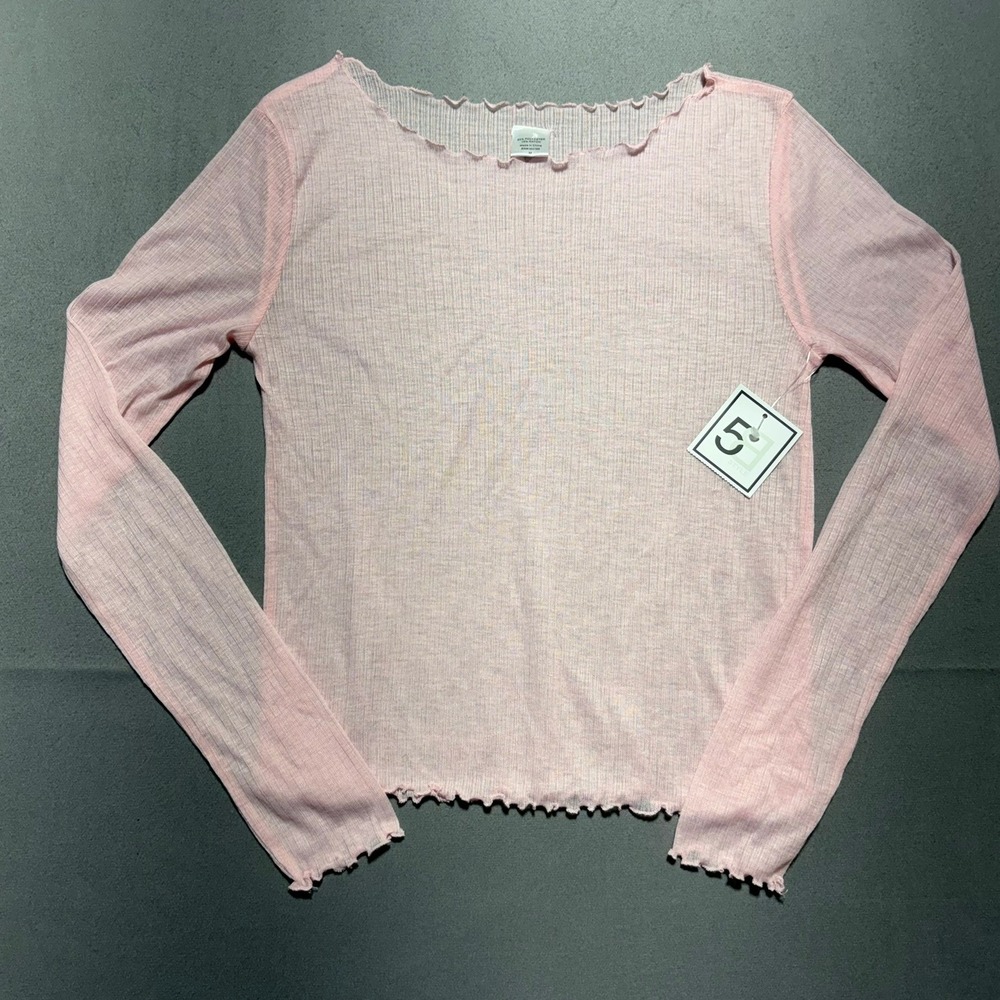 5B Style Womens Pink Ribbed Long Sleeve Lettuce Edge Sheer Top Medium NEW